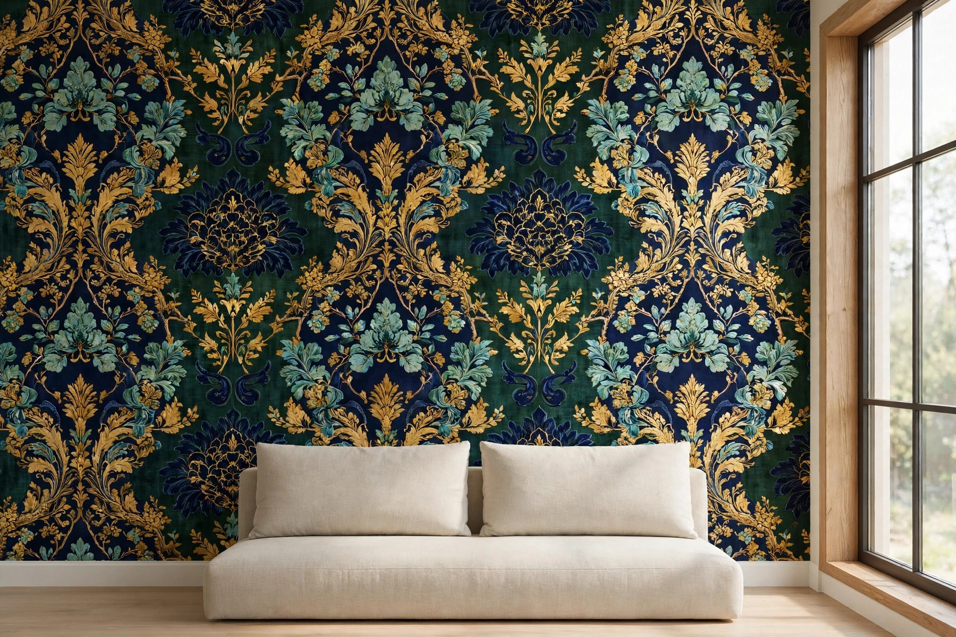 Same wall finished in bold designer wallpaper from Shree Balaji Wallpaper